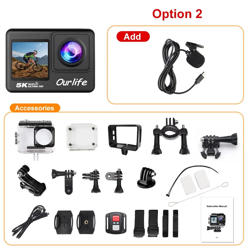 Ourlife 5K Action Camera 4K60FPS 2.0 Inch Touch Screen WiFi 170° Wide Angle 30M Waterproof Bicycle Motorcycles Sports Cameras