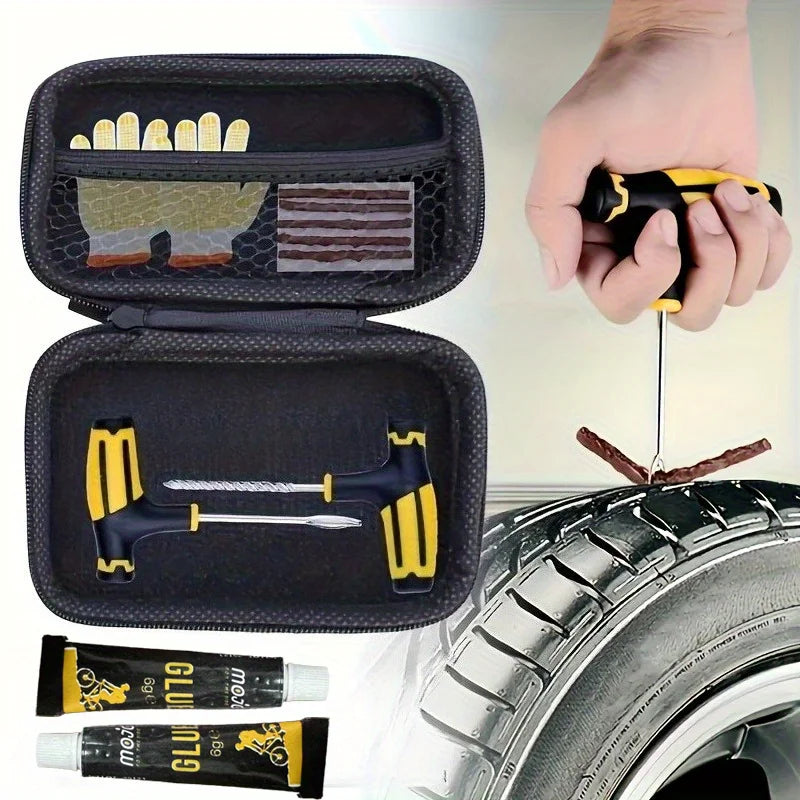 Emergency Tire Repair Kit with Rubber Strips, Probe & Glue - Quick Roadside Fix for Cars, Motorcycles or Bikes, Portable
