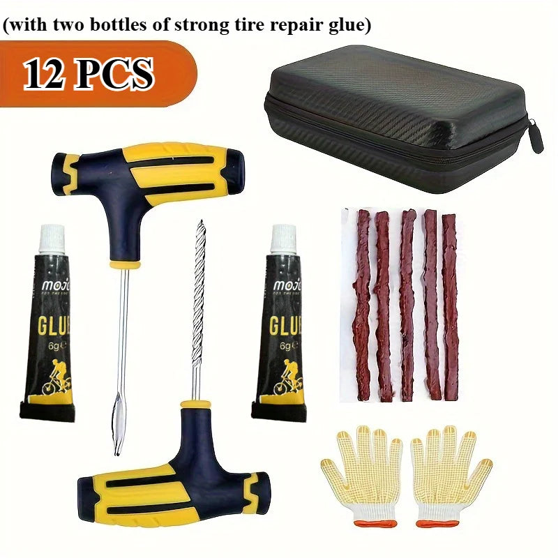 Emergency Tire Repair Kit with Rubber Strips, Probe & Glue - Quick Roadside Fix for Cars, Motorcycles or Bikes, Portable