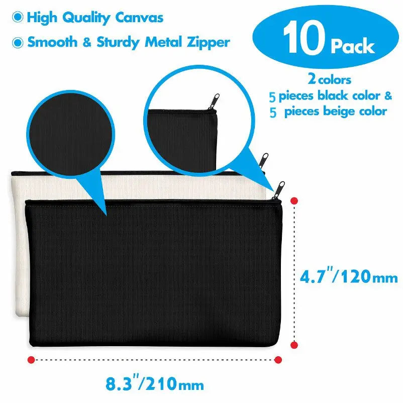 Set of 10 Beige Canvas Bags – Ideal for DIY, School Supplies, Makeup & Stationery