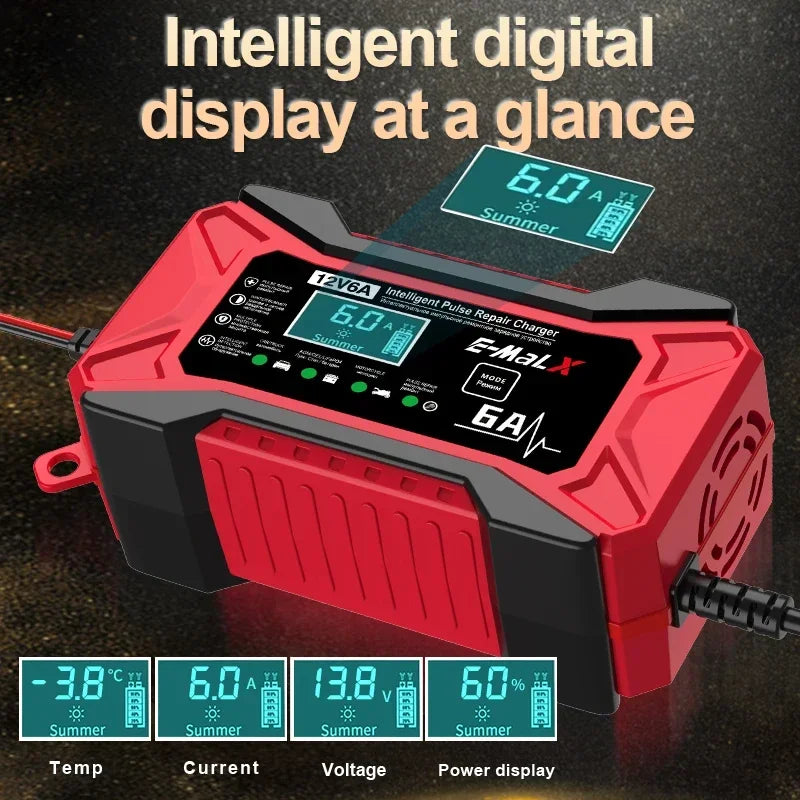 12V 6A Car Battery Charger Pulse Repair LiFePO4 14.6V Smart Fast Charge AGM Deep Cycle GEL Lead-Acid Charger For Auto Motorcycle