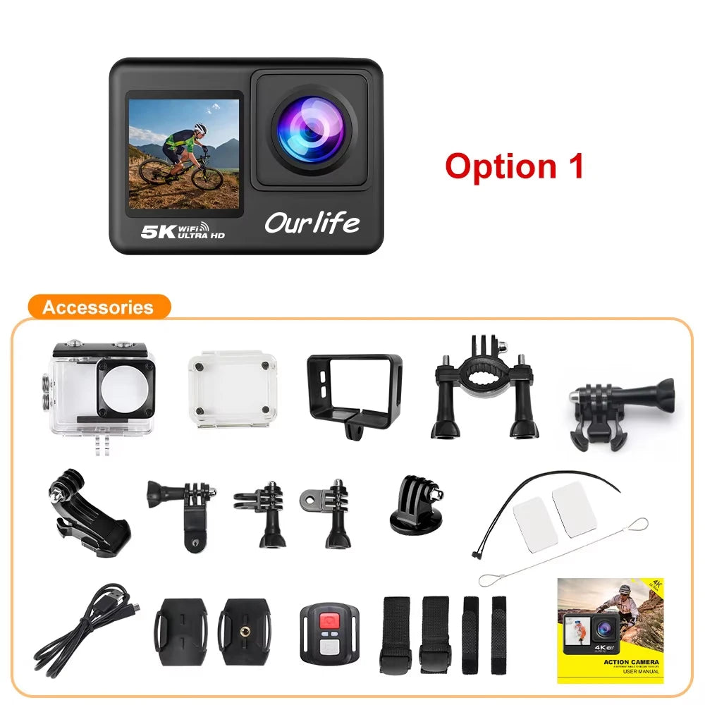 Ourlife 5K Action Camera 4K60FPS 2.0 Inch Touch Screen WiFi 170° Wide Angle 30M Waterproof Bicycle Motorcycles Sports Cameras