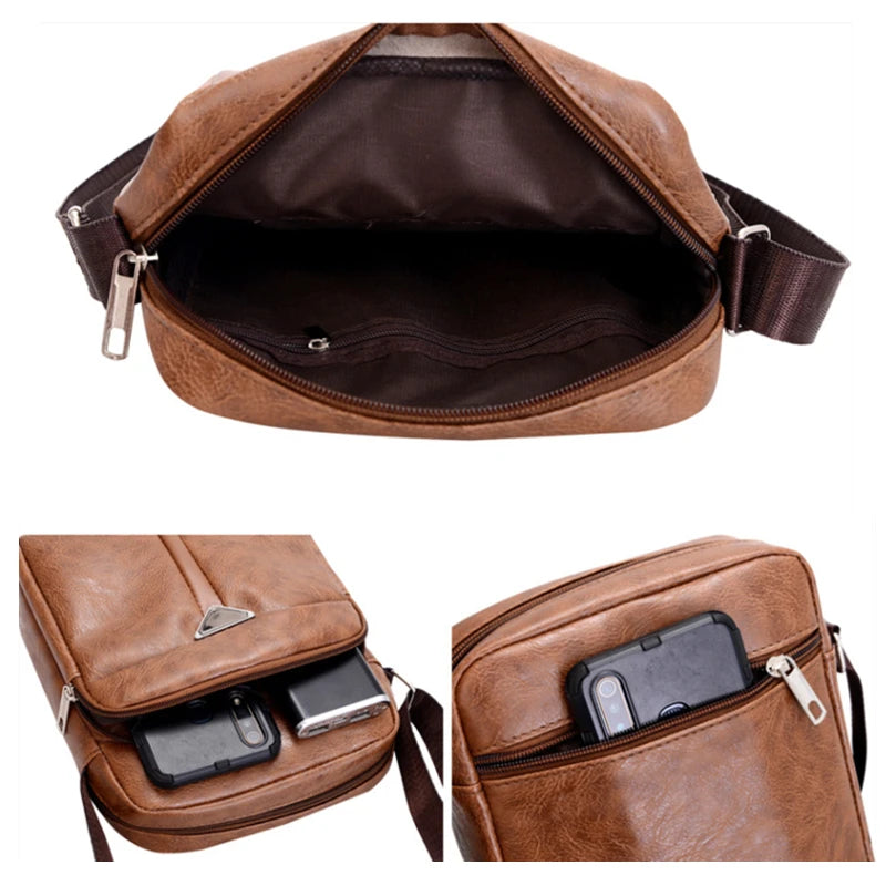 Men Shoulder Bag Waterproof Large Capacity Messenger Bag Adjustable Strap Outdoor Travel Pu Leather Male Casual Business Bags ﻿